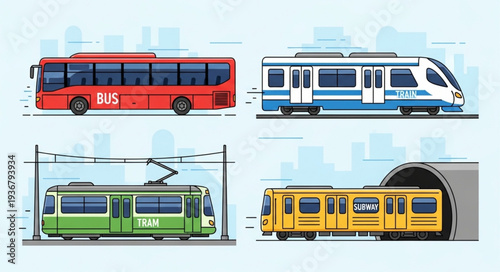Set of Four Different Types of Modern Buses.