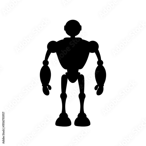 A striking black silhouette of a classic humanoid robot standing upright with a distinct mechanical form Vector, illustration