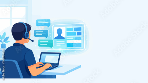 Customer support agent working on laptop with live chat interface, flat vector illustration