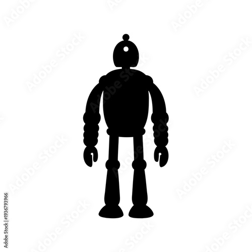 Simple black silhouette of a classic cartoon robot against a pristine white background Vector, illustration