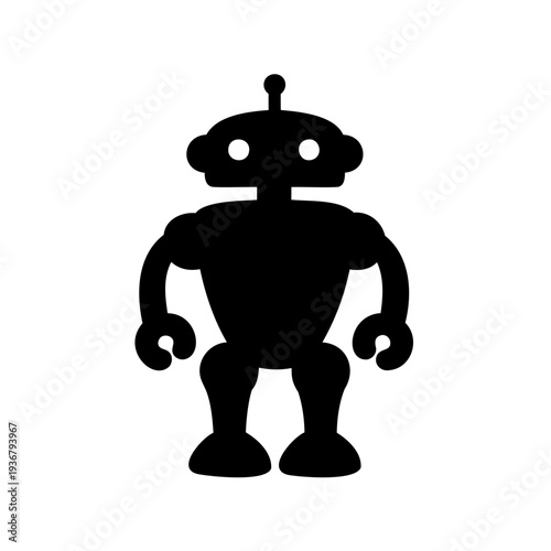 A cute and friendly black silhouette of a retro-futuristic robot icon on a white background Vector, illustration