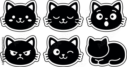 Flat design close sheet of six black cat face sticker icons showing smiling sleeping surprised angry winking curled pose