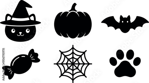 Halloween flat vector icon set witch cat wearing hat carved pumpkin flying bat wrapped candy spider web paw print silhouette