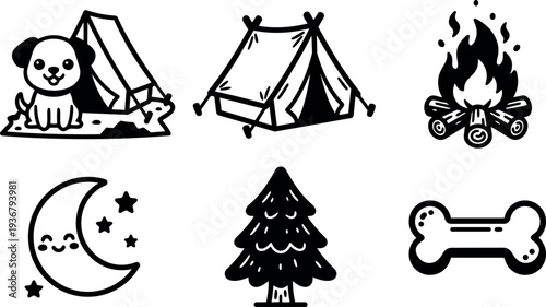 Flat line art camping icon set showing smiling puppy by tent campfire crescent moon pine tree and dog bone illustration