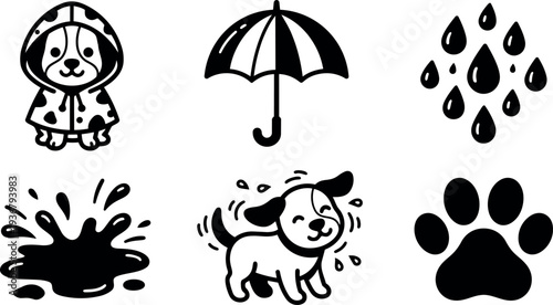 Flat design horizontal icon set of playful puppy in raincoat umbrella paw splash rain droplets simple bold lines vector isolated