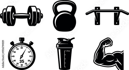 Flat vector gym icons set showing dumbbell kettlebell pull up bar stopwatch shaker bottle and flexed arm close up silhouette