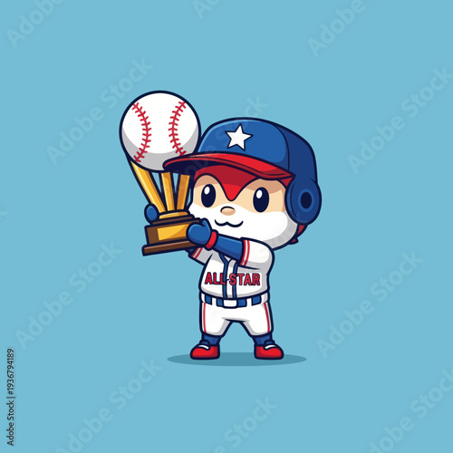 Cute Cartoon Squirrel Baseball Player Holding a Golden Trophy and Baseball.