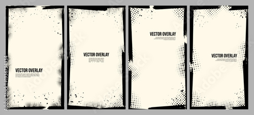 Vector illustration. Vertical grunge frames with distressed borders, ink splatters, and halftone patterns. Design for flyer, leaflet, coupon. Vintage style social media stories or background overlay
