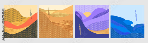 Vector illustration. Abstract Japanese landscape with hand drawn wavy patterns and gold foil textures. Vintage minimal design for social media template, web banner, blog post. East asian culture