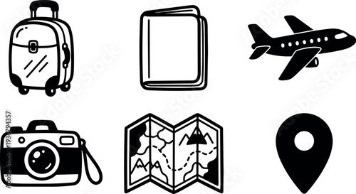 Flat design travel icon set close up suitcase passport airplane camera map location pin simple black line art minimalist isolated
