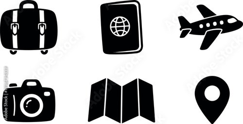 Flat design travel icon set six black silhouette symbols suitcase passport airplane camera map location pin minimalist isolated vector collection