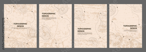 Vector illustration. Vintage topographic map posters. Retro style line patterns, navigation pin markers, and dashed trail routes on a textured beige paper background. Design for magazine or book cover