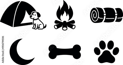Flat design camping icon set tent with dog sitting beside campfire and rolled sleeping bag crescent moon bone paw silhouette