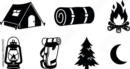 Flat design camping icon set close up tent sleeping bag campfire lantern backpack pine tree crescent moon night black silhouette