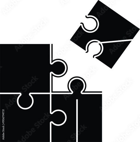 Puzzle pieces fitting together silhouette vector illustration, black jigsaw with one piece lifted for teamwork problem solving connection strategy designs