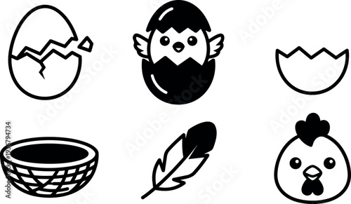 Line art icon set of hatching chick cracked egg nest feather and chicken face for easter spring themed vector pack