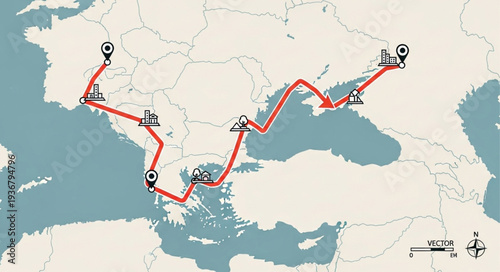 Map of a Transportation Route Across Multiple Cities.