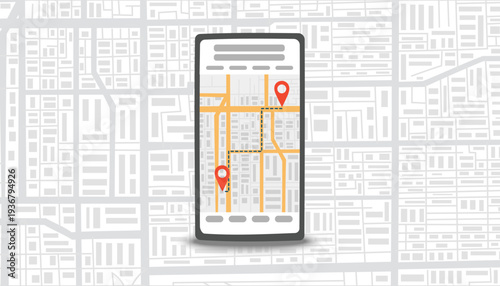 Travel destination concept banner. Smart phone screen with a route and points of destination on the city streets background. Flat vector illustration.