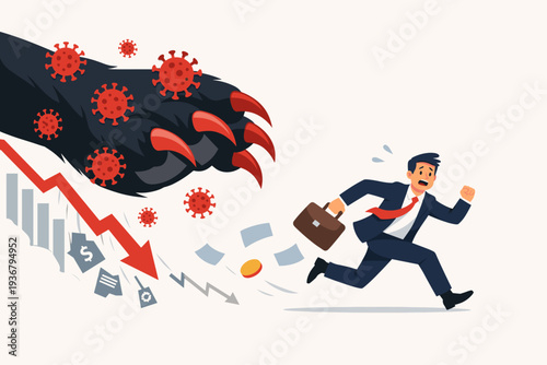 Bear Market Financial Crisis Concept with Businessman Running Away from Giant Monster Claw with Coronavirus Cells and Falling Stock Market Chart Arrow Representing Economic Recession and Panic