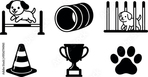 Minimalist vector art dog agility icon set with puppy jumping tunnel weave poles cone trophy paw silhouette black solid flat
