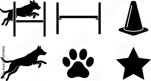 Minimalist vector set showing jumping dog over hurdle plus separate hurdle cone paw print and star icons in black silhouette
