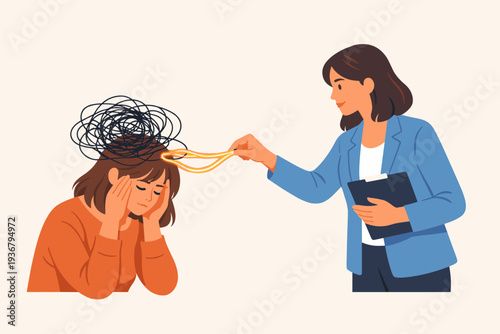 Mental health therapy and psychology support concept with a professional psychologist helping a woman unravel tangled thoughts, stress, and anxiety for emotional relief and wellness treatment.