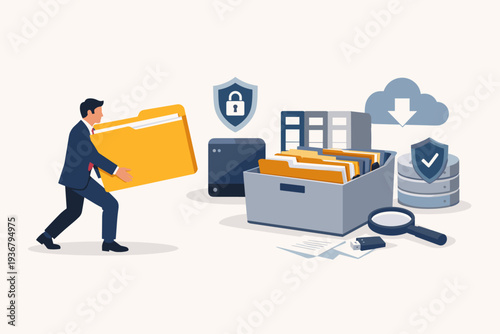 Businessman Carrying Large Folder to Archive Storage with Cloud Backup and Data Security Icons, Concept of Document Management, Information Organization, and Digital File Protection Illustration