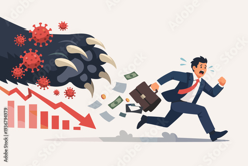 Businessman Running from Giant Bear Claw with Coronavirus Particles and Falling Stock Market Graph, Representing Economic Crisis, Financial Panic, and Bear Market during COVID-19 Pandemic.