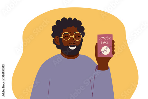 Vector flat illustration of male senior person holding genetic test box. Concept of genetic research, ancestry testing, personalized medicine and modern biotechnology.