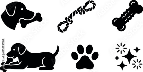 Flat design playful dog icon set showing chewing dog head full body bones rope paw and sparkle clean silhouette vector