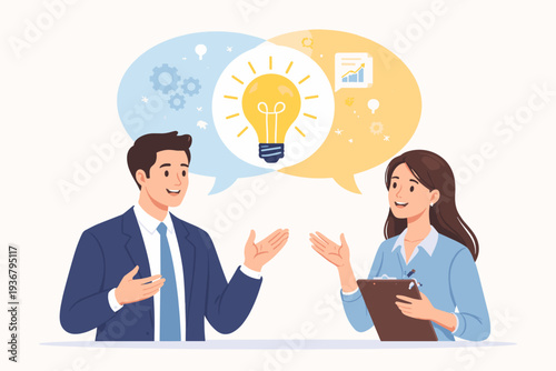 Professional business man and woman discussing creative ideas and brainstorming solutions with lightbulb symbol, gears, and data chart for effective communication and teamwork in the office.