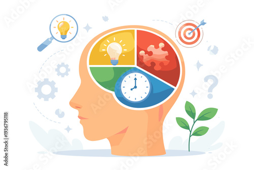 Human Profile with Brain Sections Representing Cognitive Abilities like Idea Generation, Problem Solving, Time Management, and Logical Thinking for Mental Growth and Professional Development