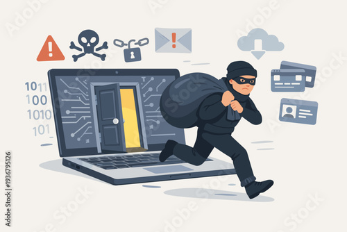 Cyber Security Concept with Hacker Stealing Personal Data from Laptop Screen. Illustration of Data Breach, Ransomware, Malware, and Identity Theft with Thief Carrying Bag of Stolen Information.
