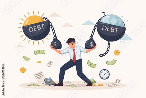 Stressed Businessman Carrying Heavy Debt Weights Day and Night, Financial Crisis Concept with Man Struggling to Pay Off Loans and Bills, Overspending and Economic Pressure Vector Illustration