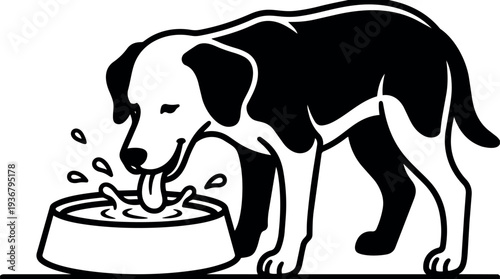 Line art close up dog drinking from bowl with tongue out side view simple black and white pet feeding scene