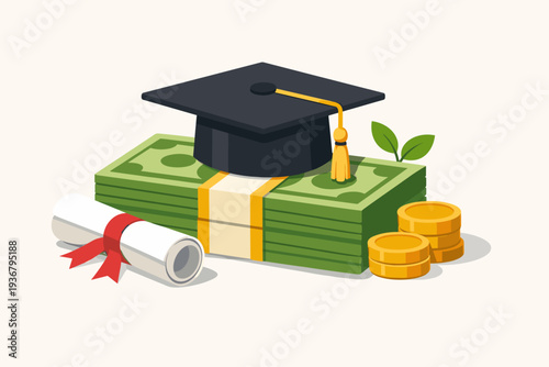 Education Cost and Student Loan Concept with Graduation Cap on Stack of Money, Diploma, and Gold Coins. Illustration of Academic Expense, Tuition Fees, Scholarship, and Investment in Future.