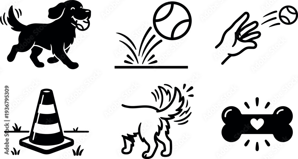 Fototapeta premium Flat line dog icons showing golden retriever running fetching ball tail wagging cone and bone in playful minimal vector black