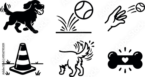 Flat line dog icons showing golden retriever running fetching ball tail wagging cone and bone in playful minimal vector black