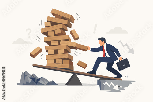 Businessman trying to balance a falling wooden block tower on a lever over a cliff, representing investment risk, financial failure, greedy decisions, and strategic business crisis management.