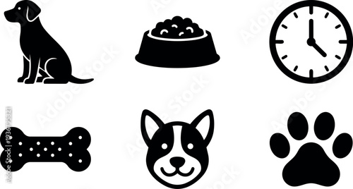 Flat design black dog icon set showing sitting dog bowl clock bone face and paw in simple silhouette layout collection