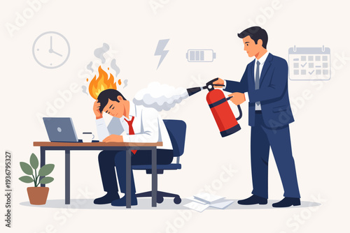 Professional manager using a fire extinguisher to help an overworked employee with burnout and stress at a desk, symbolic vector illustration of mental health support and workplace wellness.