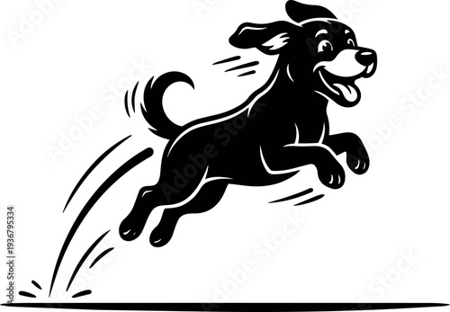 Cartoon line art joyful dog mid jump looking forward tongue out dynamic motion splash underfoot energetic playful mascot vector silhouette