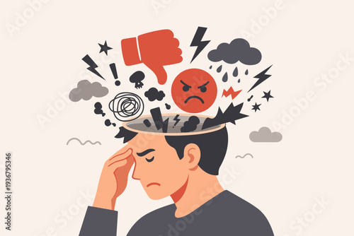 Man with negative thoughts and mental health issues illustration. Concept of depression, anxiety, and bad attitude with symbols like angry face, thumbs down, storm clouds, and lightning bolts.