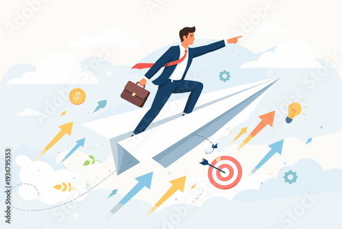 Successful businessman in a suit flying on a large paper plane through a sky filled with clouds, upward arrows, a target, and a light bulb, symbolizing startup growth, leadership, and vision.