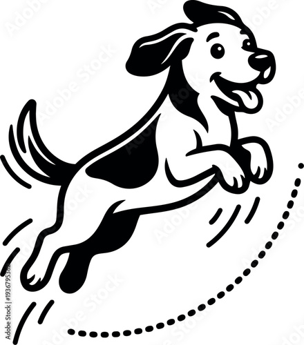Line art playful dog jumping mid air with dotted trajectory joyful expression tail wagging front paws raised simple vector icon