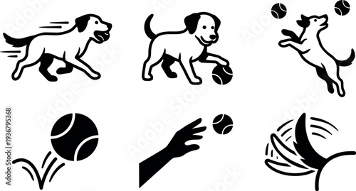 Minimalist flat design dog playing with ball icons set showing running puppy jumping catching ball and hand throw motion silhouette