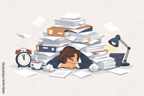 Stressed female employee overwhelmed by workload sleeping under a mountain of papers at office desk with alarm clock and coffee, concept of professional burnout, exhaustion and mental fatigue.