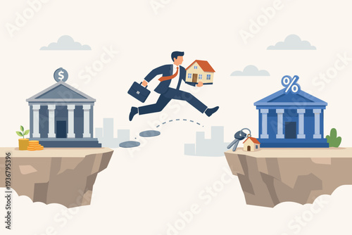 Businessman jumping between banks while carrying a house model, illustrating mortgage refinancing, switching lenders for lower interest rates, debt management, and financial home loan optimization.