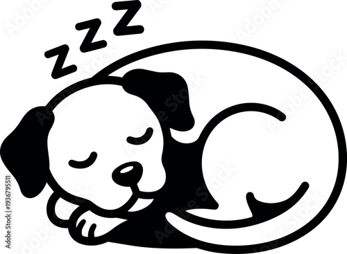 Minimalist line art sleeping dog curled up head on paws zzz above black and white vector close up cute illustration