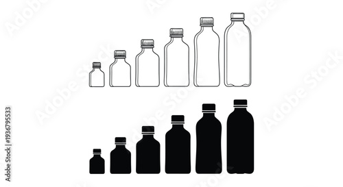 This vector graphic illustration displays six different sizes of beverage bottles shown both as outline icons and solid black silhouettes